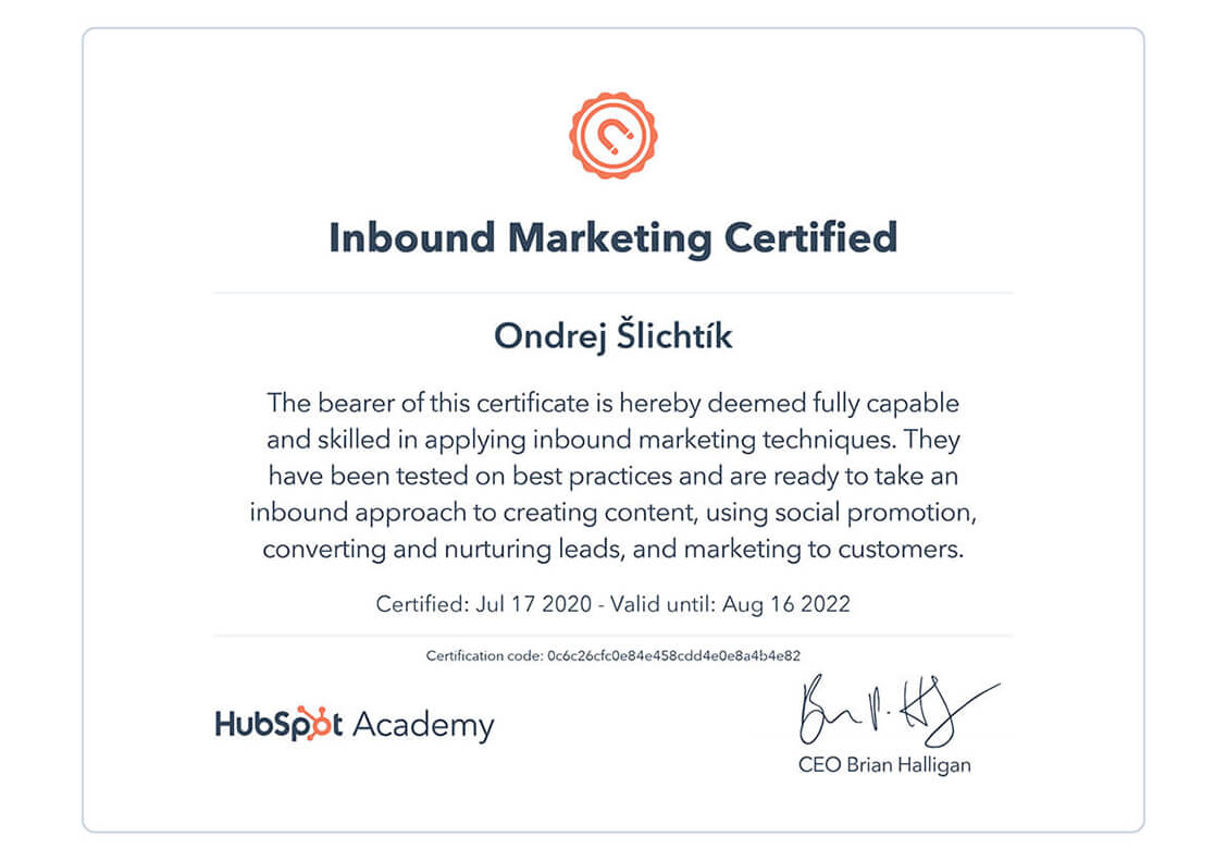 Certifikát od HubSpot Academy: Inbound Marketing
